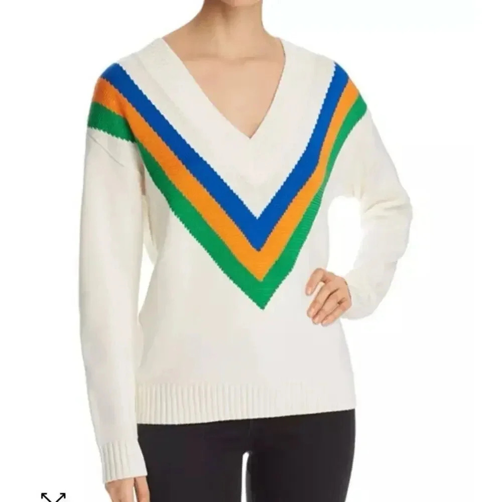 Tory Burch Colorful Striped Merino Wool V Neck Colorful Sweater- XXS - Picture 2 of 8